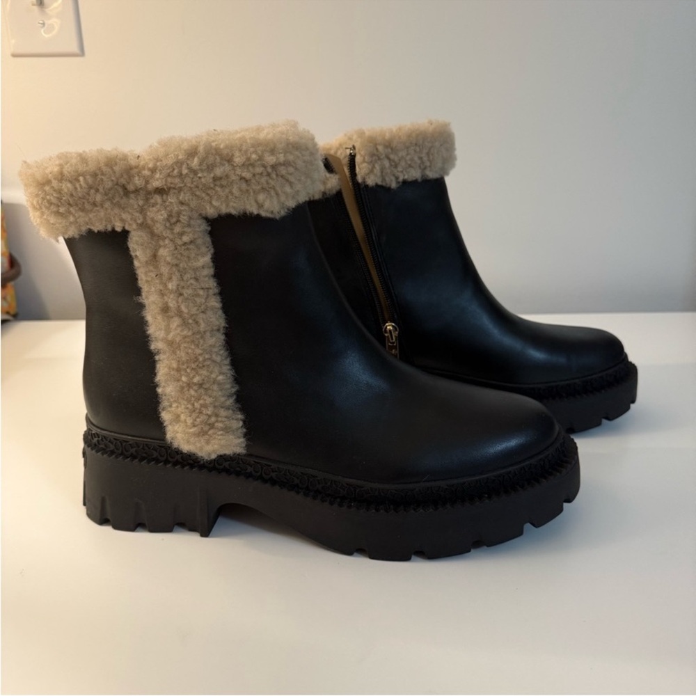 Coach Black Leather Lace-Up Platform Boots with Cream Shearling Trim - Picture 3 of 11